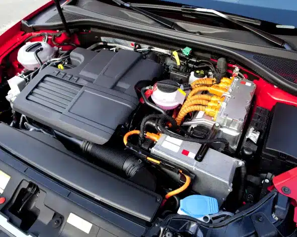 Hybrid engine system with orange high-voltage cables and various components under the hood of a car.