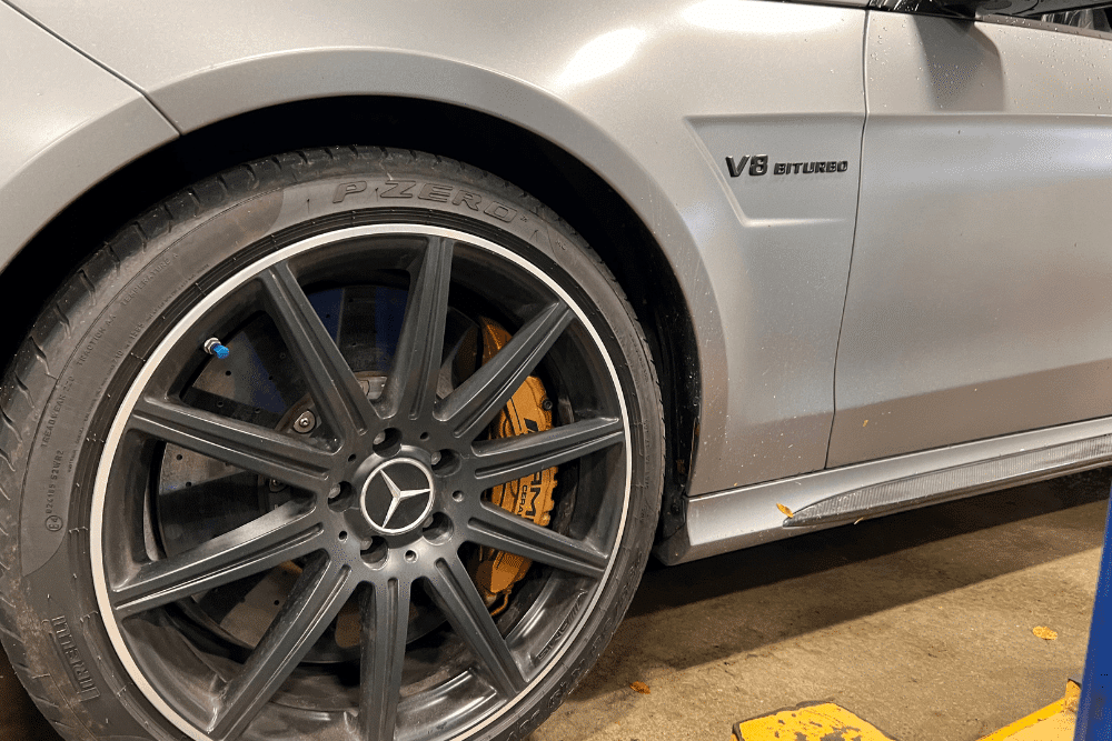 tire repair in Sheboygan, auto repair in Sheboygan, WI at NexGen Automotive. Close-up view of a tire on a Mercedes-Benz vehicle.