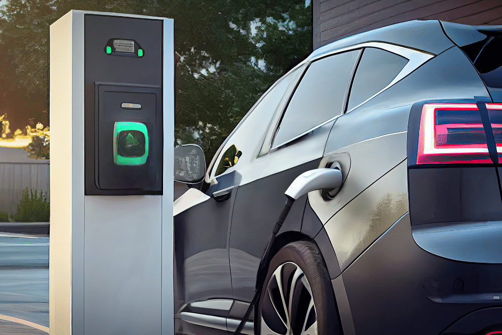 Electric Vehicle Maintenance in Sheboygan, WI at NexGen Automotive. Electric vehicle charging at a public station during early morning light, showing the rear side of the car plugged in and ready for use.