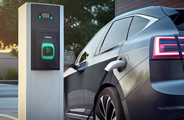 Electric Vehicle Maintenance in Sheboygan, WI at NexGen Automotive. Electric vehicle charging at a public station during early morning light, showing the rear side of the car plugged in and ready for use.