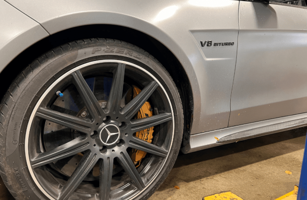 tire repair in Sheboygan, auto repair in Sheboygan, WI at NexGen Automotive. Close-up view of a tire on a Mercedes-Benz vehicle.